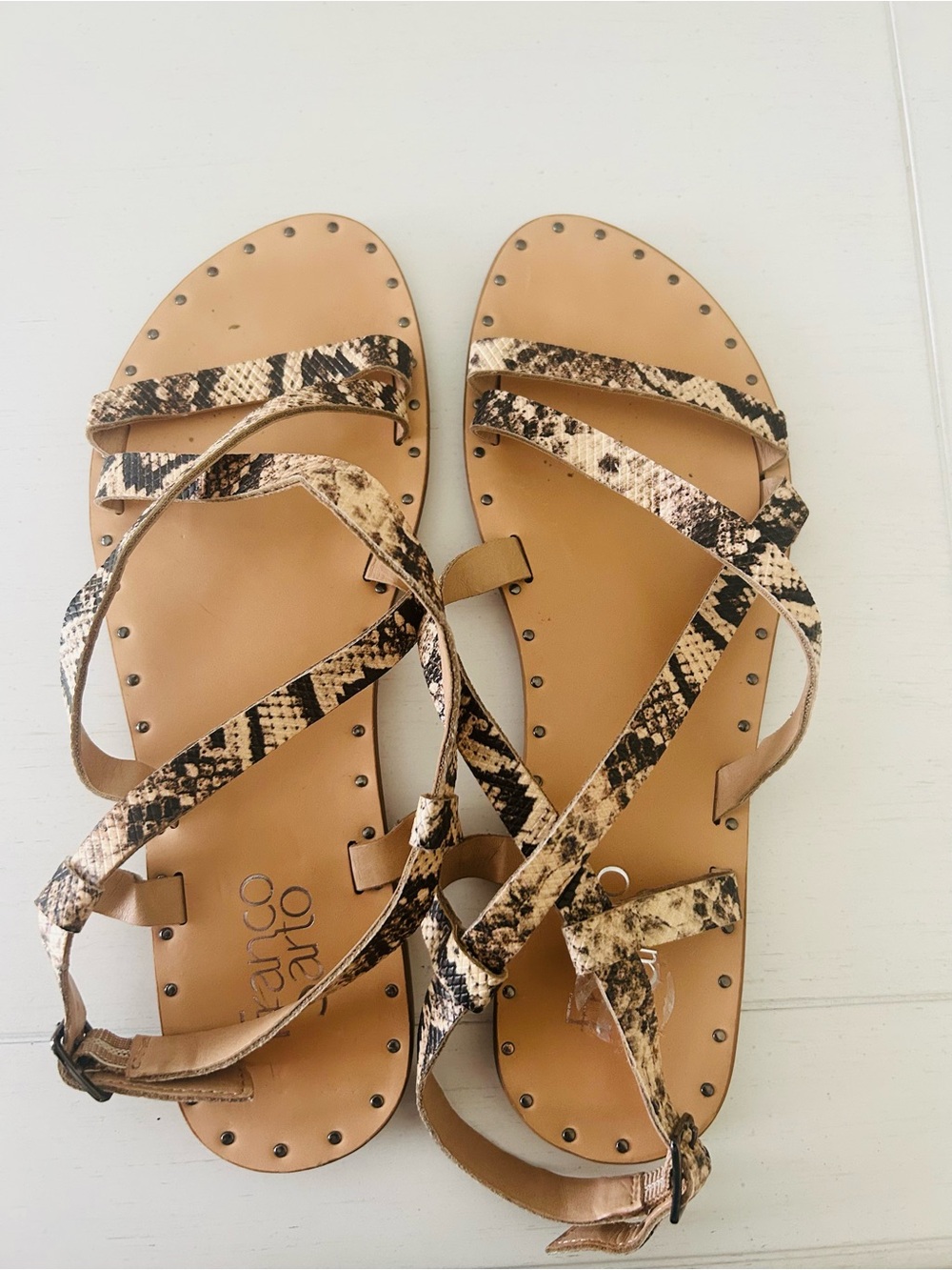 Franco Sarto Tan and Black Snake-Print Strappy Flat Sandals - Picture 3 of 8